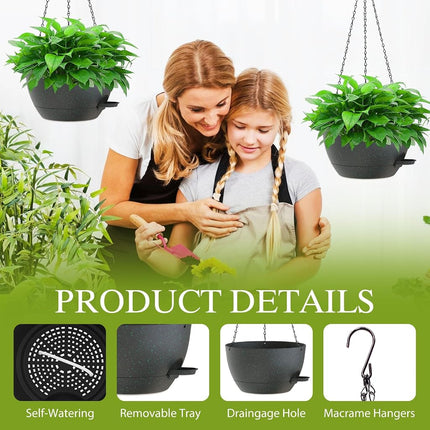 SQKH 10 Inch Hanging Baskets 2 PC with Chains, Self-Watering Hanging Planters for Indoor Outdoor Plants, Plastic Hanging Flower Pots,Black with Green Speckles