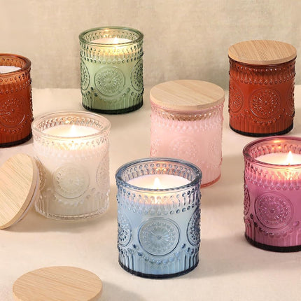 8 oz Glass Candle Jars with Wood Lids | 10-Pack | 6 Colors Available
