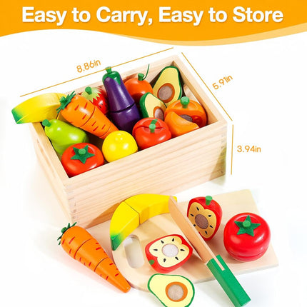 Wooden Play Food for Toddlers, Fruit and Veggies Cutting Set for Kids, Pretend Food Play Kitchen Accessories for 3 4 5 6 7 Years Old Boys & Girls