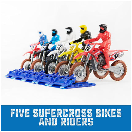 AONELAS Supercross, Authentic 5-Pack of 1:24 Scale Die-Cast Motorcycles with Rider Figure, Toy Moto Bike for Kids and Collectors Ages 3 and up