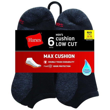 Hanes Men's Big & Tall Max Cushioned Low Cut Socks (6 Pack), Black