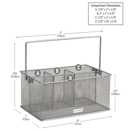 Mind Reader Network Collection, 4-Compartment Utensil or Supply Caddy with Handle, Countertop or Desktop Organizer, Metal Mesh, 10" L x 7" W x 4.75" H, Silver