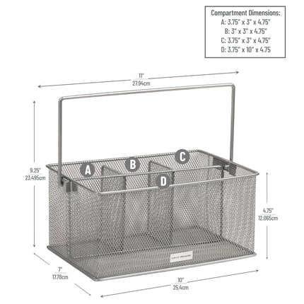 Mind Reader Network Collection, 4-Compartment Utensil or Supply Caddy with Handle, Countertop or Desktop Organizer, Metal Mesh, 10" L x 7" W x 4.75" H, Silver