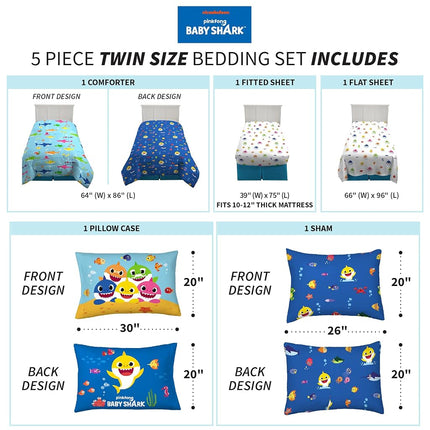 Franco Comforter and Sheet Set with Sham, Microfiber, Baby Shark, 5 Piece Twin Size