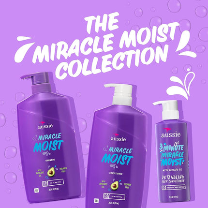 Lot shampooing, après-shampooing et masque capillaire revitalisant intense Aussie Miracle Moist 3 Minute Miracle, infusé d'avocat et d'huile de jojoba australienne, sans parabènes