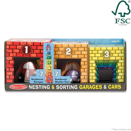 Melissa & Doug Nesting and Sorting Garages and Cars with 7 Graduated Garages and 7 Stackable Wooden Cars - FSC Certified