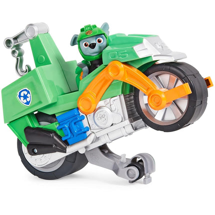 Paw Patrol, Moto Pups Rocky’s Deluxe Pull Back Motorcycle Vehicle with Wheelie Feature and Figure