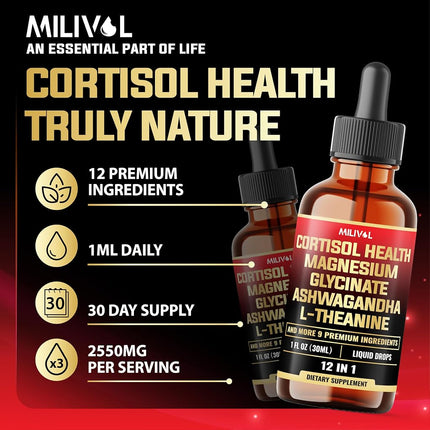 12in1 - Cortisol Supplement Liquid Drops - Cortisol Detox w. Magnesium Glycinate 1000mg, Ashwagandha, L-Theanine, Phosphatidylserine and 8 More Herbals - Hormone Balanced for Women, Mood Focus - 1 Month Supply