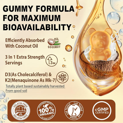 Vitamin D3 K2 Gummies - Vitamin D3 5000iu & K2 Vitamin 200mcg + Calcium 600mg for Adults & GLP-1 Friendly, with Coconut Oil for High Absorption, Support for Bone Muscle Teeth Immune, Vegan 120Count