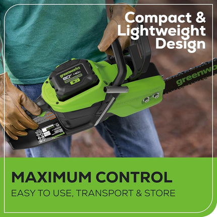 Greenworks 80V 16" Brushless Cordless Chainsaw (Great for Tree Felling, Limbing, Pruning, and Firewood), 75+ Compatible Tools, 2.5Ah Battery and Charger Included