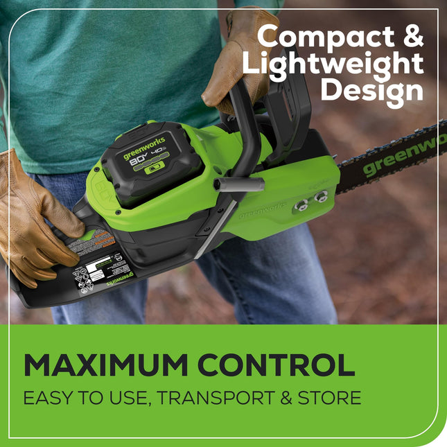 Motosierra inalámbrica sin escobillas Greenworks 80V de 16" (ideal para talar árboles, desramar, podar y cortar leña), más de 75 herramientas compatibles, batería de 2.5Ah y cargador incluidos
