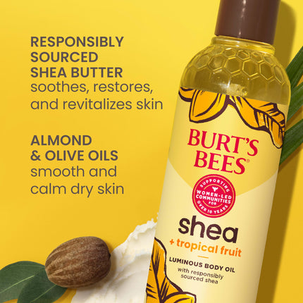 Burt's Bees Aceite Corporal Luminoso de Karité + Frutas Tropicales, No Grasoso, Rico en Antioxidantes para una Piel Radiante, No Irritante, Cuidado de la Piel de Origen Natural, 8 oz.