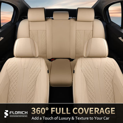 FLORICH Fundas de Asiento de Cuero, Juego Completo de Fundas de Asiento para Coche, Protectores de Asiento Impermeables para Automóvil, 5 Asientos, Funda de Asiento Universal Compatible con la Mayoría de Coches, SUV, Camionetas, Beige