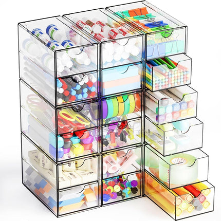 Yieach 9 Pack Small Acrylic Drawers With 18 Drawers,Clear Drawer Organizers Stackable,School,Office Supplies Organizer And Storage Bins for Stationery,Pen,Pencil,Craft,Glasses,Sunglass Organizer Case