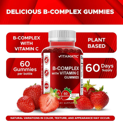 Vitamatic Vitamin B Complex Gummies with Vitamin C & Inositol - Natural Strawberry Flavor - 60 Gummies (1 Bottle)