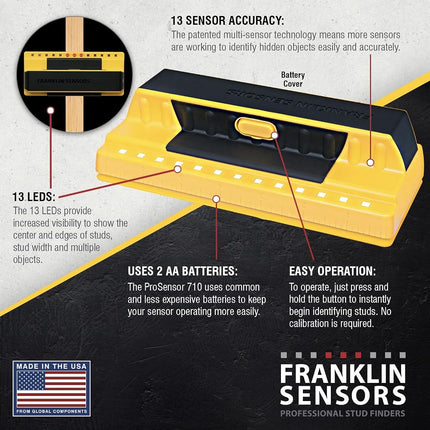 Franklin Sensors 710 Buscador de montantes profesional con 13 sensores para la más alta precisión, detecta montantes de madera y metal con increíble velocidad, amarillo
