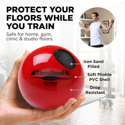 TheraBand Soft Weight, 11.4cm (4.5") Diameter Hand Held Ball, Isotonic Weighted Ball for Isometric Workouts, Strength Training and Rehab Exercises, Shoulder Strengthening & Surgery Rehabilitation, Red, 1.5 kg