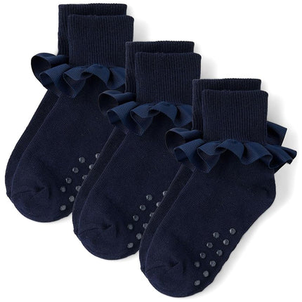 Gymboree Baby Girls' and Toddler Crew Socks, Navy Ruffle 3-pack, 4-5T