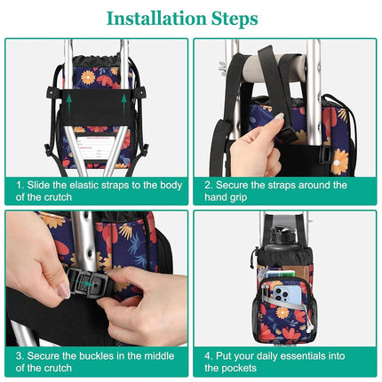 FINPAC Crutch Accessories Bag, Water-Resistant Storage Organizer Tote Bag with Drink Holder and Zipper Pouch for Crutches, Underarm Crutches Attachment, Daisy