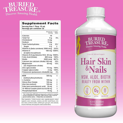 Cabello, Piel y Uñas Buried Treasure con MSM Biotina Aloe Vera más Vitaminas y Minerales en un Complejo Líquido de Alimentos Integrales de Alta Potencia para un Cabello Más Abundante, Uñas Más Fuertes y Piel Más Clara 16 oz