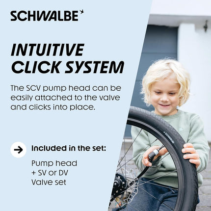 Schwalbe Clik Valve Conversion Set – Bicycle Valve Innovation for Inflating Tyres – Retrofit Kit for Presta/SV Valves with Pump Head