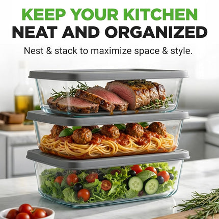 NutriChef 3 Sets Loaf Pan - 62.07oz Stackable Superior Premium Glass Meal-prep Food Container w/Airtight Locking Lid, BPA-Free Leakproof, Freezer-to-Oven-Safe, for Bread, Cake & Pastries