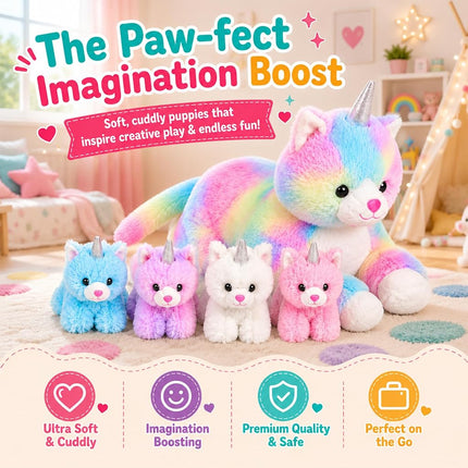 PixieCrush Snugababies Unicorn Kitty Cat Stuffed Animals for Girls Ages 3 4 5 6 7 8 Years; Stuffed Mommy Unicorn Kitty Cat with 4 Baby Unicorns in her Tummy; Toy Unicorn Pillows for Girls