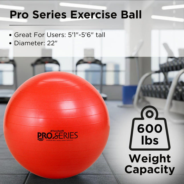 TheraBand Exercise Ball, Professional Series Stability Ball with 55 cm Diameter for Athletes 5'1" to 5'6" Tall, Slow Deflate Fitness Ball for Improved Posture, Balance, Yoga, Pilates, Core, Red