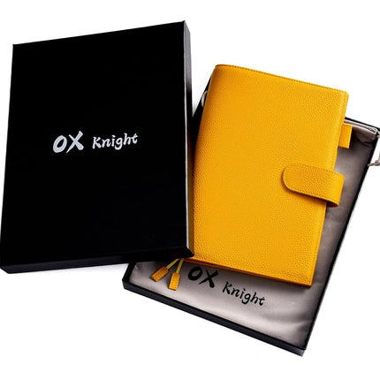 Ox Knight A5 Leather Planner Cover for Hobonichi Cousin, Stalogy, Midori, Leuchtturm1917, and More - with Pen Loop, Card Slots, Back Pocket, and Bookmarks (Yellow)