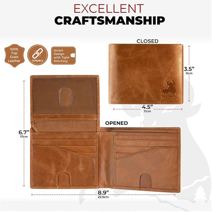Portefeuille en cuir bifolié RFID pour homme avec porte-cartes d'identité relevable en cuir de buffle vintage marron, marron aventure - marron daim sauvage, 3,5 x 4,5, moderne