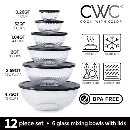 Cook with Color – Ensemble de 12 bols mélangeurs en verre avec couvercles – Bols gigognes en verre borosilicate pour la cuisine, la pâtisserie et la préparation des repas, noir cannelé