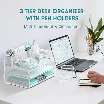 SUPEASY Organiseur de bureau 3 niveaux avec poignée et 3 porte-stylos, Organiseur de papier/dossiers en maille pour bureau, Trieur à courrier pour fournitures de bureau (Blanc), 1 pièce, 3CST-3PH