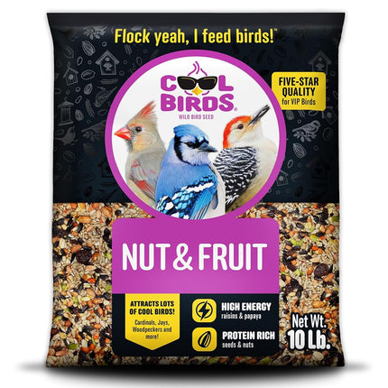 Cool Birds Nut & Fruit Wild Bird Seed – 10 lb. Gourmet Bird Food with Sunflower Hearts, Peanuts, Tree Nuts & Real Fruit – No Corn, Milo or Millet Bird Seed for Outside Feeders