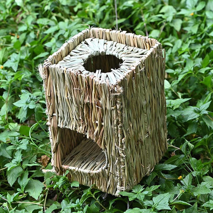 Auto-plaza Foldable Grass Woven Animal Hut Bunny House Play Hideaway Bed Mat Chew Toy for Rabbit Guinea Pigs Gerbils Hamster (12"x8"x8")