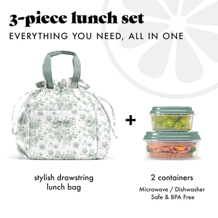 Fit & Fresh Cromwell Drawstring Lunch Bag for Women, Full Set with 2 Containers, Stain Resistant Leak Proof Back-to-School Essential Lunch Box for