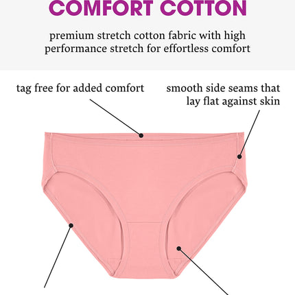 Fruit of the Loom Women's Underwear with 360° Stretch (Regular & Plus Size), Bikini - Comfort Cotton - 6 Pack, 6