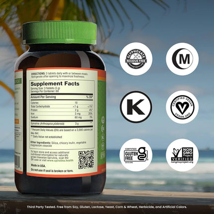 Pure Hawaiian Spirulina - 1000mg tablets 180 count – Boosts Energy and Supports Immunity – Vegan, Non GMO – Natural Superfood Grown in Hawaii