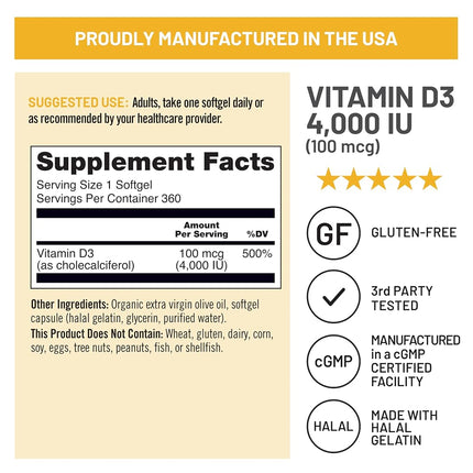 NatureWise Vitamin D3 4,000 IU for Healthy Muscle Function, Bone Health, and Immune Support | Non-GMO and Gluten-Free in Cold-Pressed Organic Olive Oil Capsule [1-Year Supply - 360 Count]