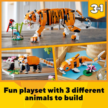 Set de Construcción LEGO Creator 3in1 Tigre Majestuoso 31129; Juguetes de Animales para Niños, con un Tigre, un Panda y un Pez Koi; Regalos Creativos para Niños de 9+ Años a los que les Encanta el Juego Imaginativo (755 Piezas)