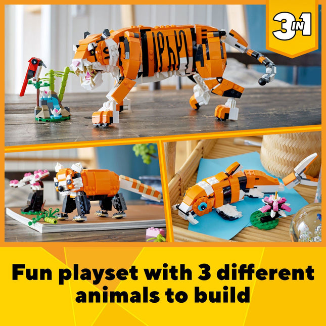 LEGO Creator 3in1 Majestic Tiger 31129 Building Kit; Animal Toys for Kids, Featuring a Tiger, Panda and Koi Fish; Creative Gifts for Kids Aged 9+ Who Love Imaginative Play (755 Pieces)