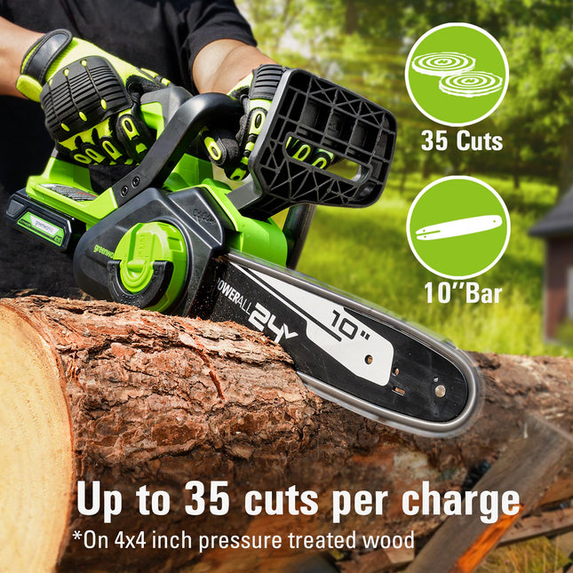 Greenworks 24V 10" Cordless Compact Chainsaw (Great for Storm Clean-Up, Pruning, and Firewood), 2.0Ah Battery and Charger Included