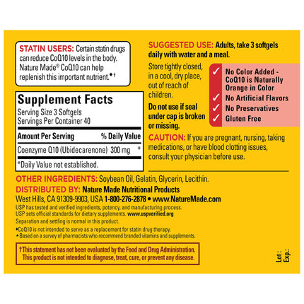 Nature Made CoQ10 300mg par 3 gélules, Santé cardiaque et soutien antioxydant, 120 gélules, 40 jours d'approvisionnement