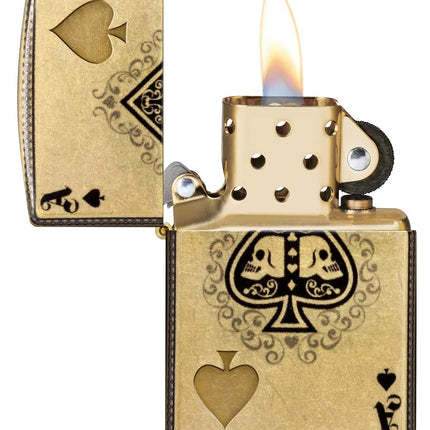 Zippo Windproof Lighter - Ace of Spades Design, 540° Tumbled Brass, Lustre/Fusion - Refillable - Reusable - Windproof Design - Gift Box - Made in USA