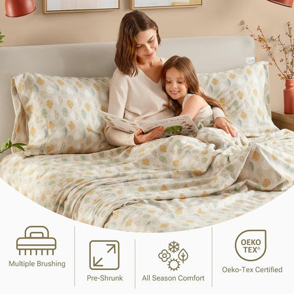 SLEEP PHILOSOPHY True North by Cozy Flannel 100% Cotton Ultra Soft Cold Weather Sheet Set Bedding, King, Multi Leaves 4 Piece