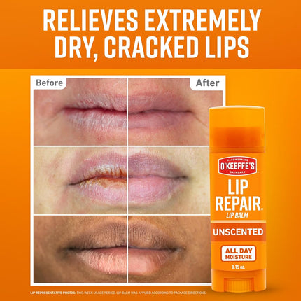 O'Keeffe's Unscented Lip Repair Lip Balm for Dry, Cracked Lips, Stick, (Pack of 3)