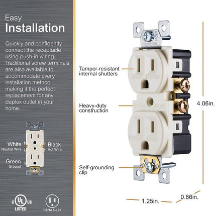 GE Grounding Duplex Outlet, In Wall Receptacle, Tamper Resistant Outlets, 3 Prong Electrical Socket, Easy Install, 15 Amp, UL Listed, Light Almond, 17815