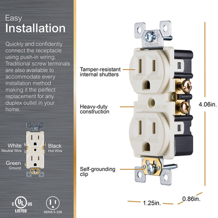 GE Grounding Duplex Outlet, In Wall Receptacle, Tamper Resistant Outlets, 3 Prong Electrical Socket, Easy Install, 15 Amp, UL Listed, Light Almond, 17815