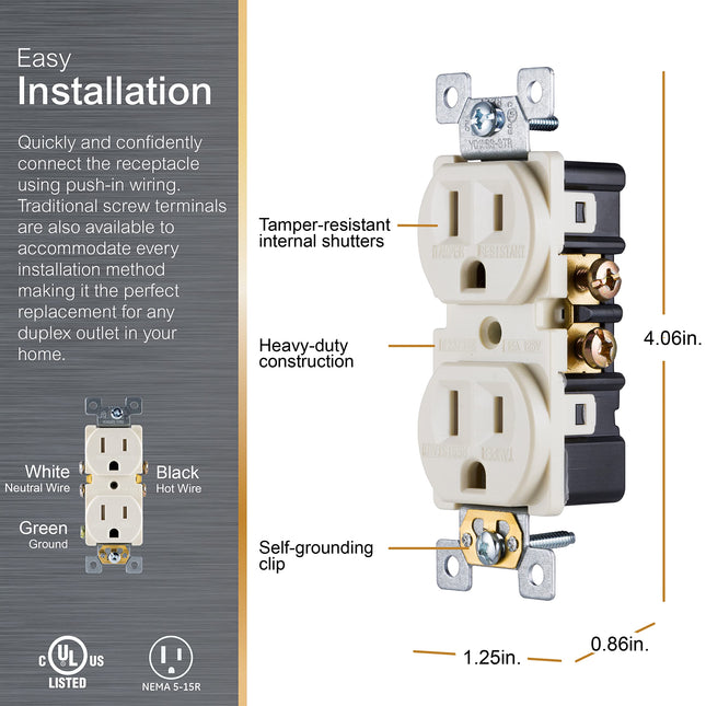 GE Grounding Duplex Outlet, In Wall Receptacle, Tamper Resistant Outlets, 3 Prong Electrical Socket, Easy Install, 15 Amp, UL Listed, Light Almond, 17815