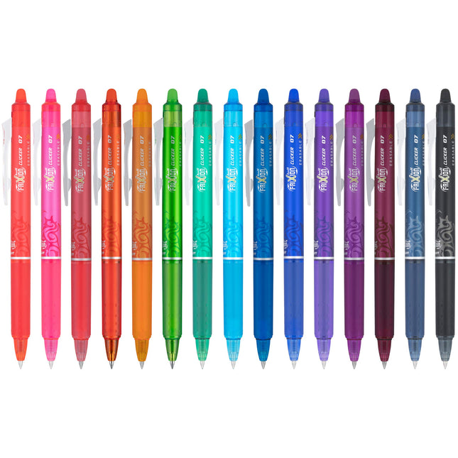 Pilot FriXion Clicker Borrables, Recargables y Retráctiles con Tinta de Gel, Punto Fino, Tintas de Colores Surtidos, Estuche de 15 Unidades (14447)