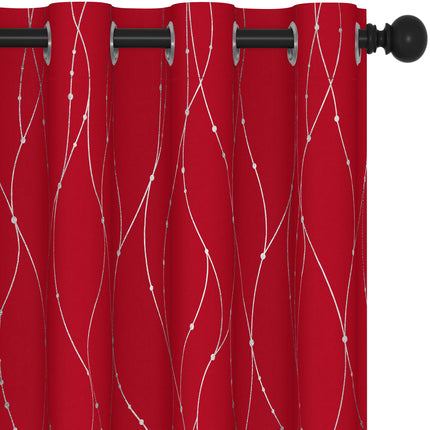 Deconovo Blackout Curtains - Silver Wave Dots Print, Thermal Insulated, Noise Reducing, Privacy Drapes for Bedroom & Living Room (52W x 84L Inch, Red/Silver, 2 Panels)